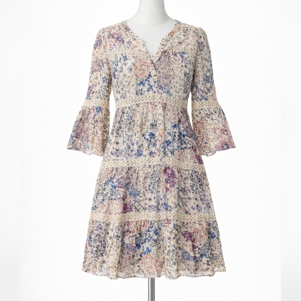 Knox Rose Floral Tiered Dress Bell Sleeve Cottagecore Boho - Picture 2 of 10